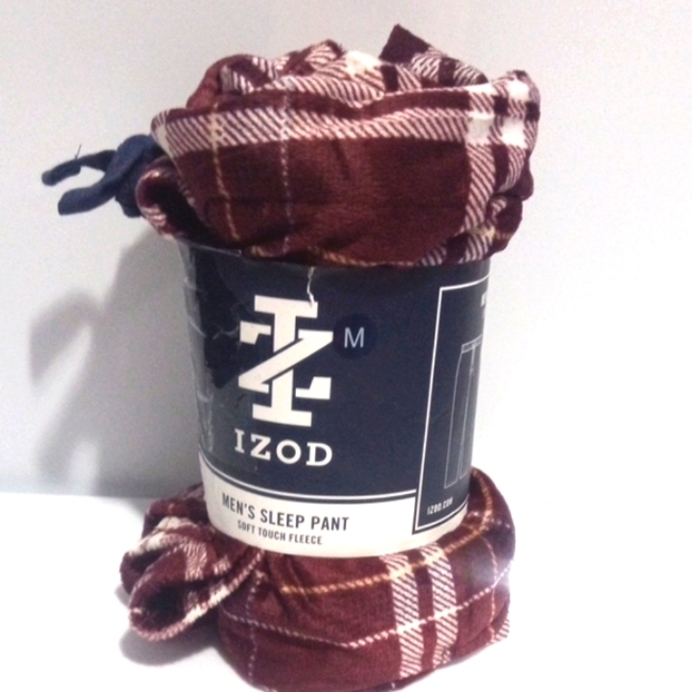 IZOD MEN'S BURGUNDY AND WHITE PLAID FLEECE PAJAMA LOUNGE PANTS SIZE MEDIUM NWT